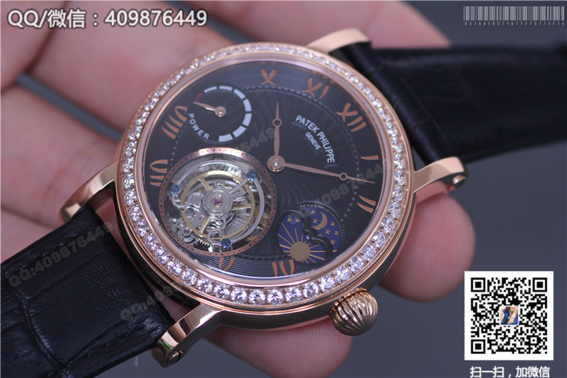 百达翡丽超级复杂功能计时系列 星月相陀飞轮腕表 玫瑰金镶钻表圈